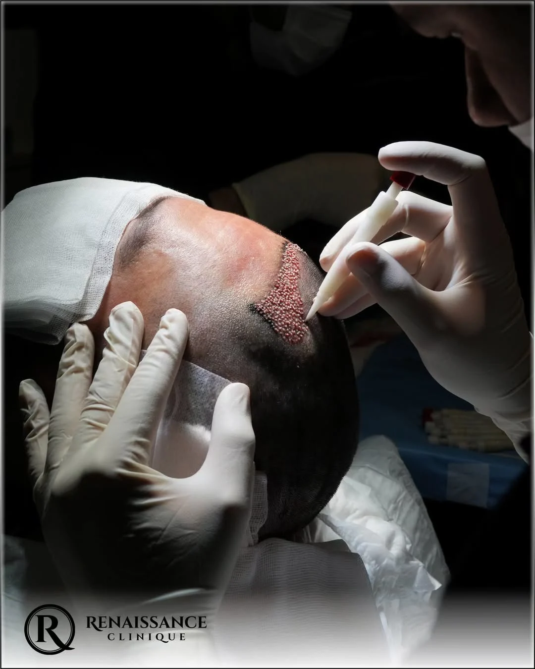 Gros plan sur une greffe capillaire réalisée avec une lame en choi dans un environnement chirurgical stérile chez Renaissance Clinique.