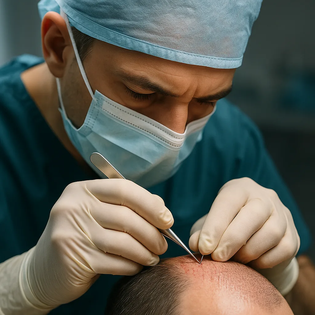 Chirurgien en tenue stérile implantant des follicules pileux dans le cuir chevelu d’un patient lors d’une greffe de cheveux, en gros plan dans un environnement clinique aseptisé.