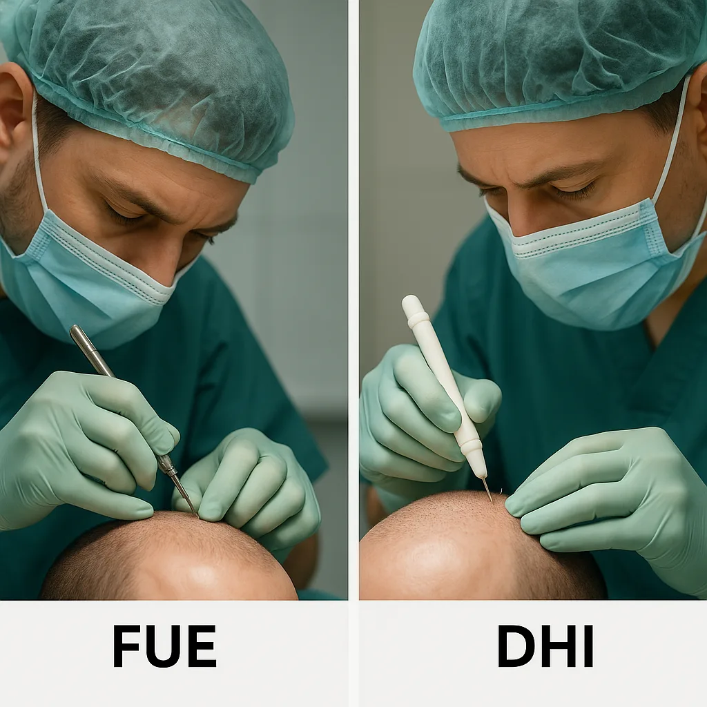 Comparaison visuelle côte à côte entre deux techniques modernes de greffe capillaire : à gauche, extraction des follicules avec un micro-punch (FUE), à droite, implantation directe avec un stylo implanteur Choi (DHI), réalisées par des chirurgiens en milieu stérile.