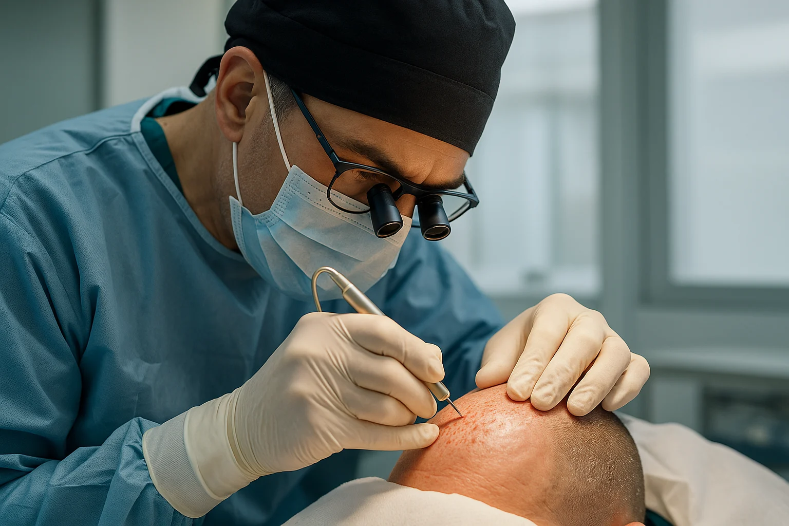 Chirurgien réalisant une extraction d’unités folliculaires (FUE) à l’aide d’un instrument spécialisé, dans un bloc opératoire stérile.