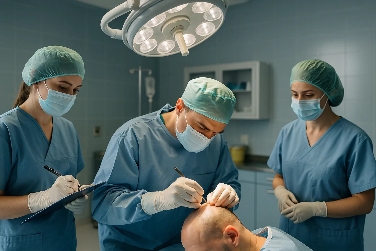 Équipe médicale réalisant une greffe de cheveux dans un bloc opératoire moderne, suivant les protocoles de sécurité de l’OMS.