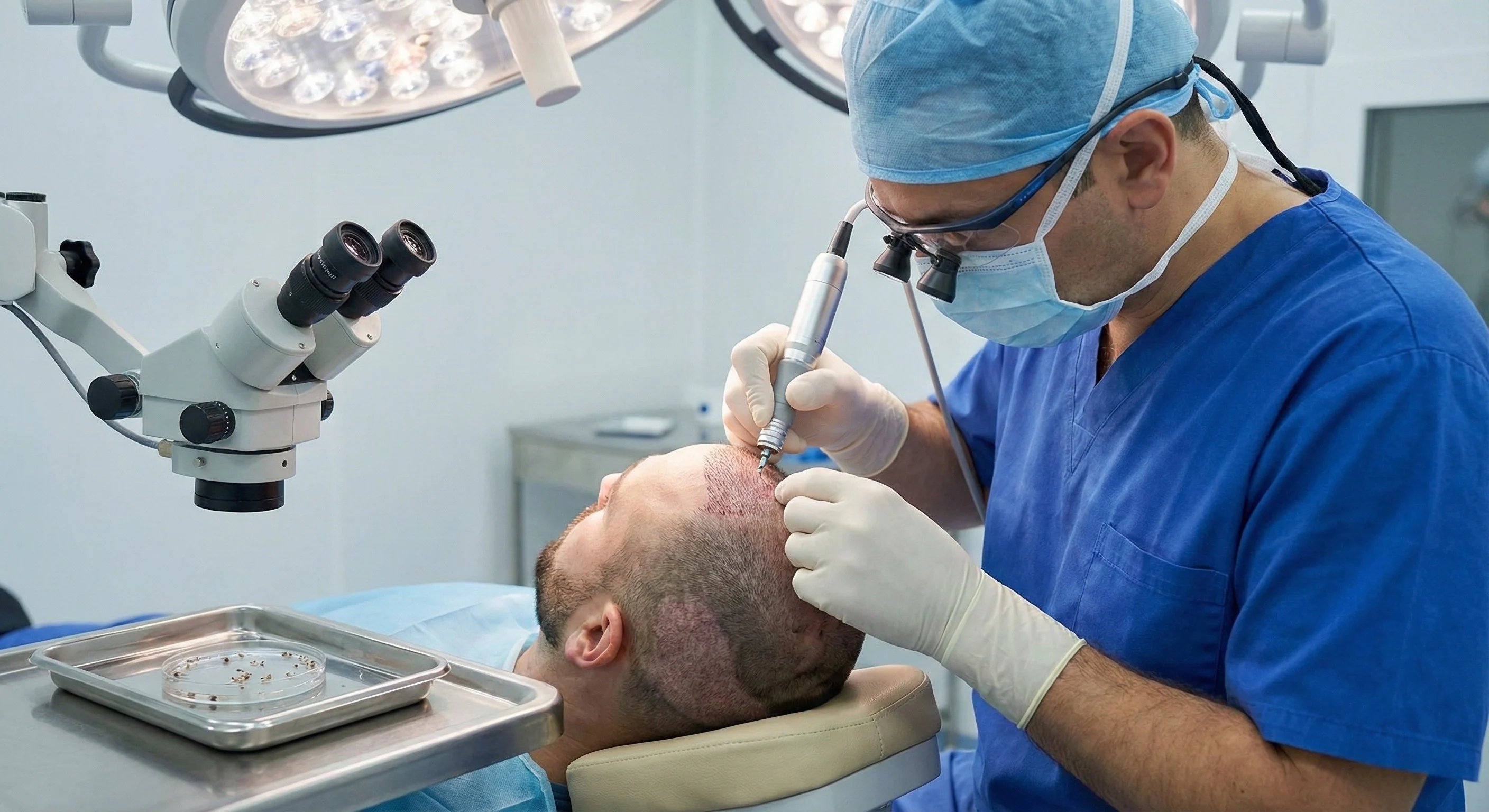 Gros plan ultra-réaliste d'un chirurgien de greffe de cheveux utilisant un micromoteur de haute précision pour extraire des unités folliculaires du cuir chevelu rasé d'un patient. </p><p>Le chirurgien porte des loupes et des gants stériles. Des greffons sont visibles dans un plateau en acier inoxydable sous un microscope dans une salle d'opération stérile.