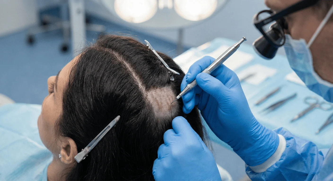 Gros plan d'un chirurgien équipé de loupes binoculaires et de gants bleus, utilisant un stylo implanteur pour insérer un follicule dans le cuir chevelu d'une patiente lors d'une procédure de greffe de cheveux en clinique.