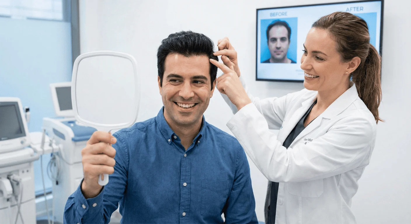 Résultat réussi de greffe de cheveux chez Renaissance Clinique : un patient heureux examine sa nouvelle chevelure dans un miroir avec son médecin.