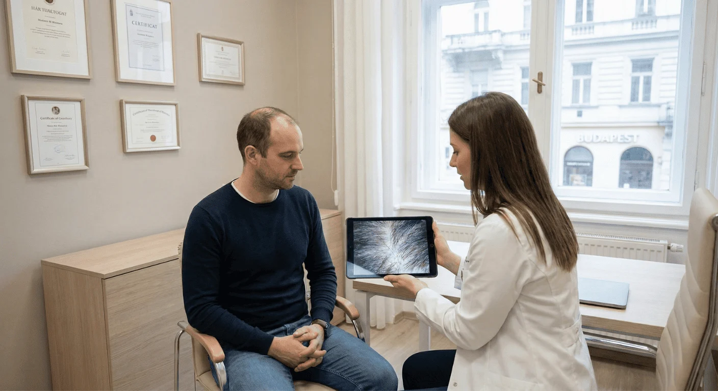 Patient masculin trentenaire avec début de calvitie assis en consultation dans une clinique moderne à Budapest. Une doctoresse en blouse blanche lui montre une vue agrandie de son cuir chevelu sur une tablette numérique, avec une vue urbaine de Budapest par la fenêtre.