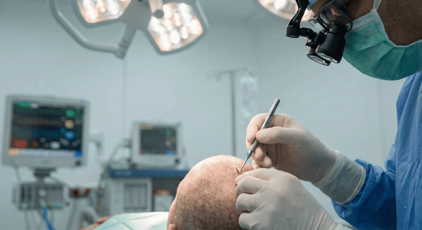 Gros plan sur les mains gantées d'un chirurgien capillaire portant des loupes binoculaires, utilisant un stylo implanteur pour insérer un greffon dans le cuir chevelu d'un patient sous éclairage chirurgical dans un bloc opératoire équipé de moniteurs.