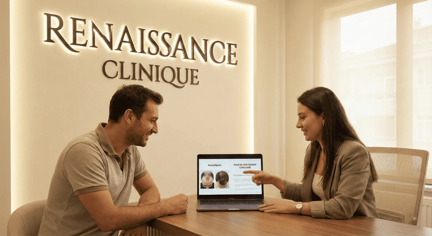Patient français discutant de son plan de traitement capillaire sur ordinateur avec un coordinateur médical francophone, assis devant un mur affichant le texte "Renaissance Clinique" dans une clinique moderne en Turquie.