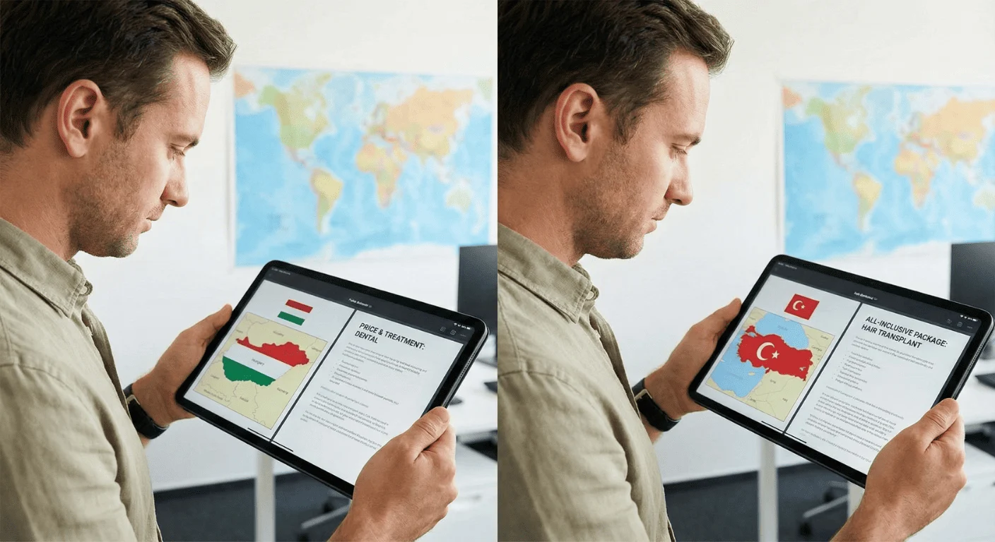 Image en écran partagé montrant un patient masculin dans un bureau comparant des offres sur une tablette : à gauche, des informations sur les "Prix & Traitement Dentaire" en Hongrie avec le drapeau ; à droite, un "Forfait Tout Compris : Greffe de Cheveux" en Turquie avec le drapeau. Une carte du monde est en arrière-plan.