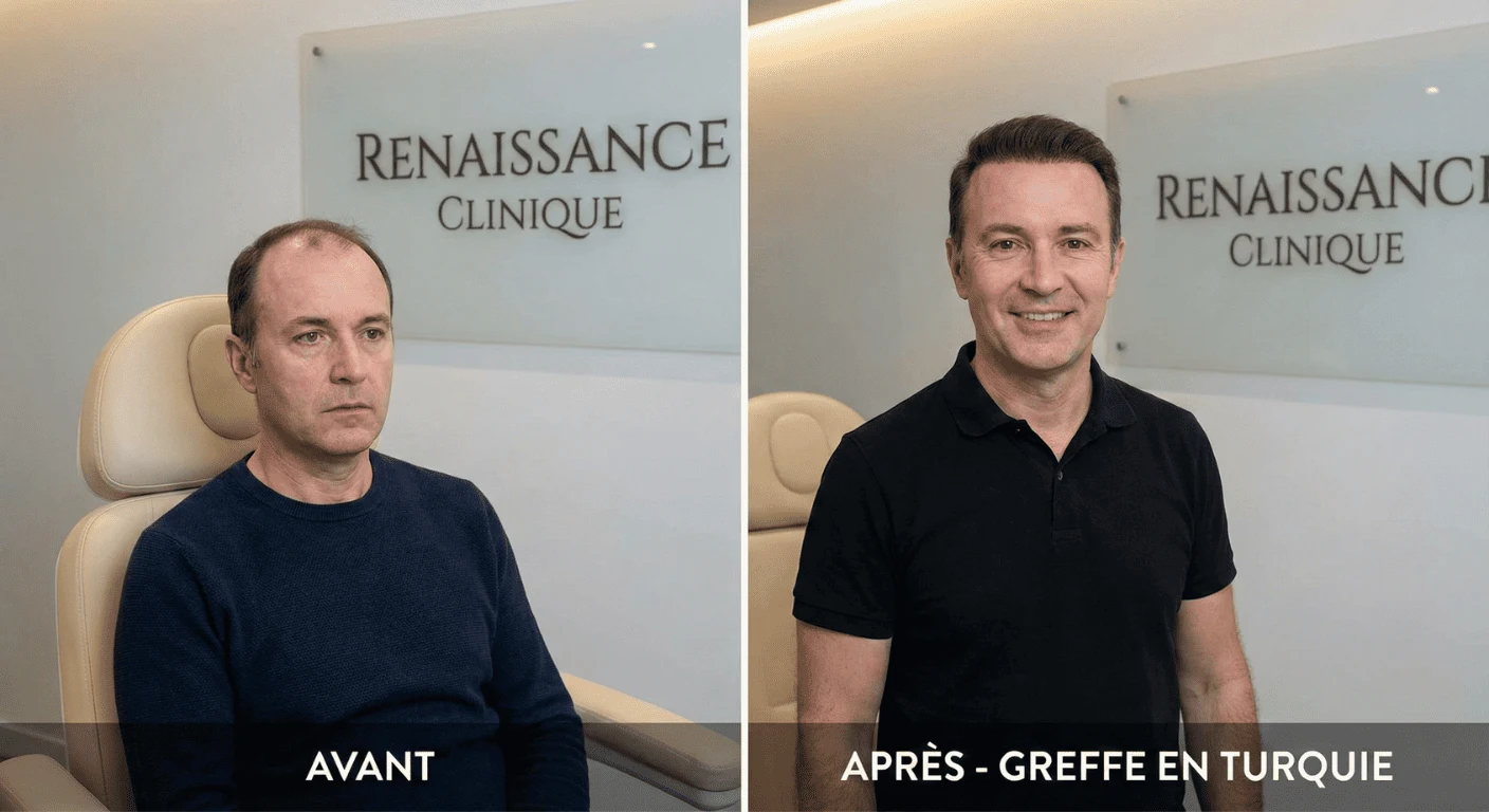 Montage photo avant et après d'un patient français : à gauche avec une perte de cheveux visible, à droite avec une ligne frontale dense et naturelle, posant devant le mur "Renaissance Clinique" à Istanbul.