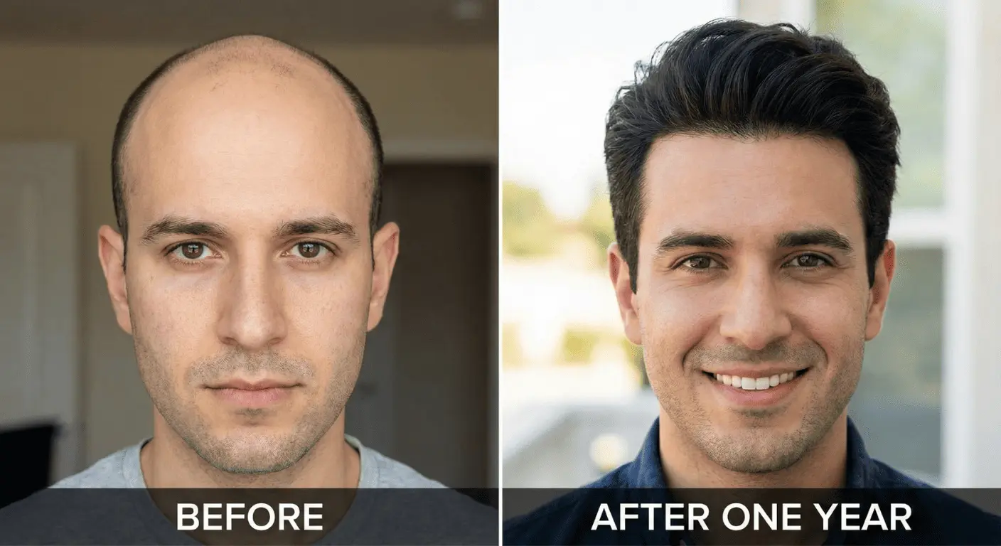 Comparaison avant et après une greffe de cheveux de 5000 greffons. À gauche : patient avec une calvitie avancée. À droite : résultat final après 12 mois avec une chevelure dense, naturelle et un patient confiant.