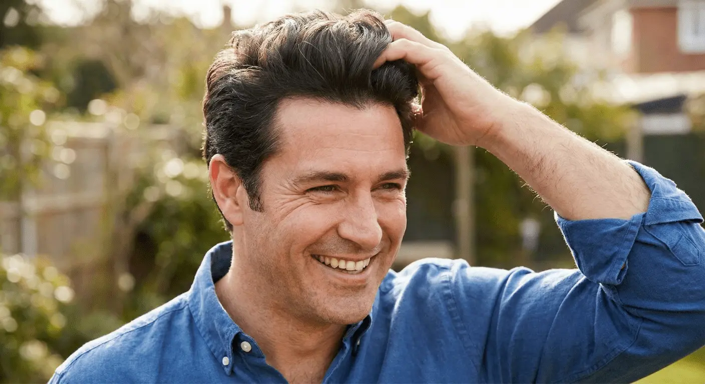 Homme d'âge moyen souriant et confiant passant la main dans sa nouvelle chevelure dense, un an après une greffe de cheveux réussie de 5000 greffons.