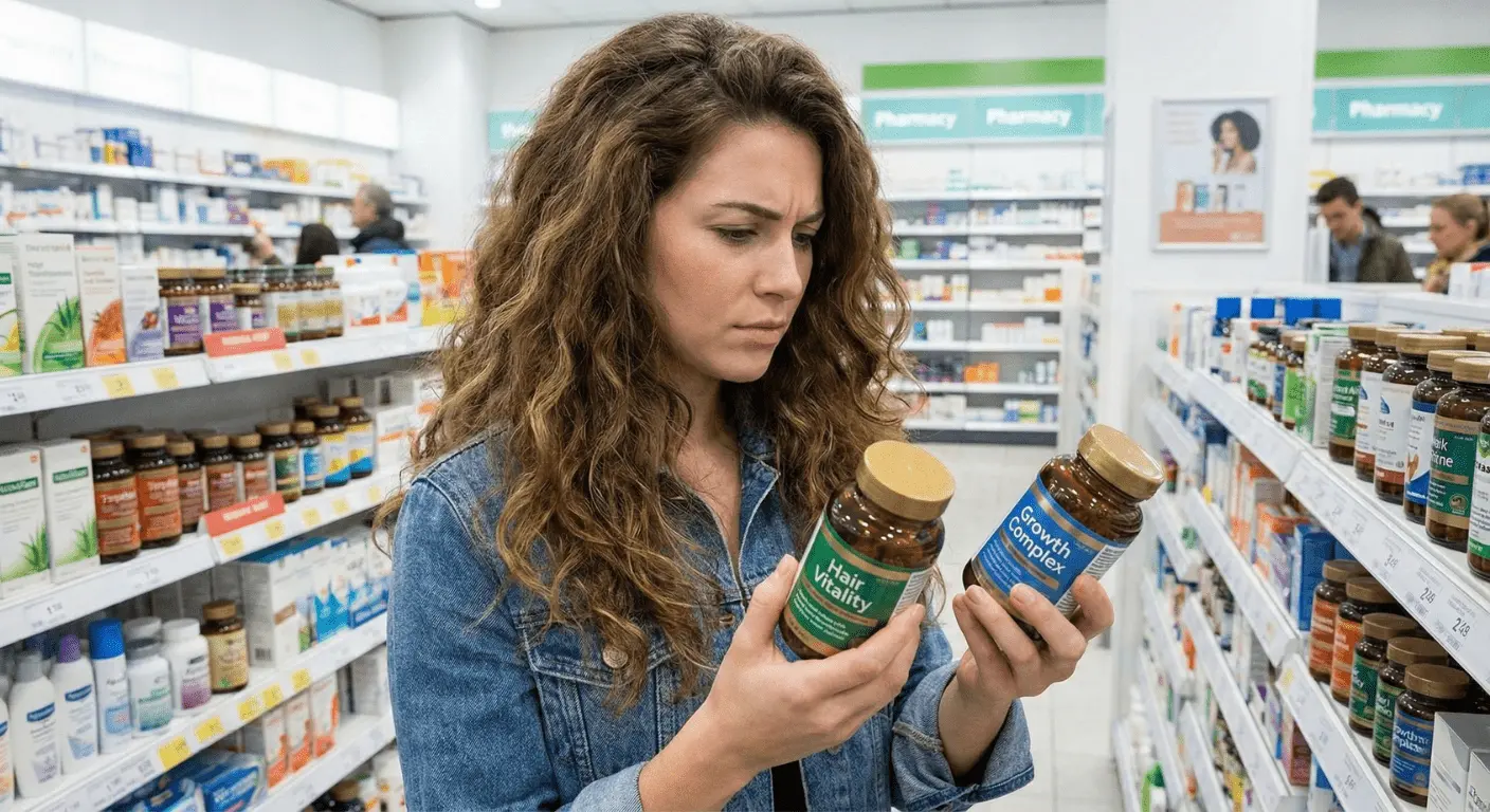 Femme aux cheveux bouclés, l'air perplexe, comparant les étiquettes de deux flacons de compléments alimentaires pour cheveux ("Hair Vitality" et "Growth Complex") dans une allée de pharmacie.
