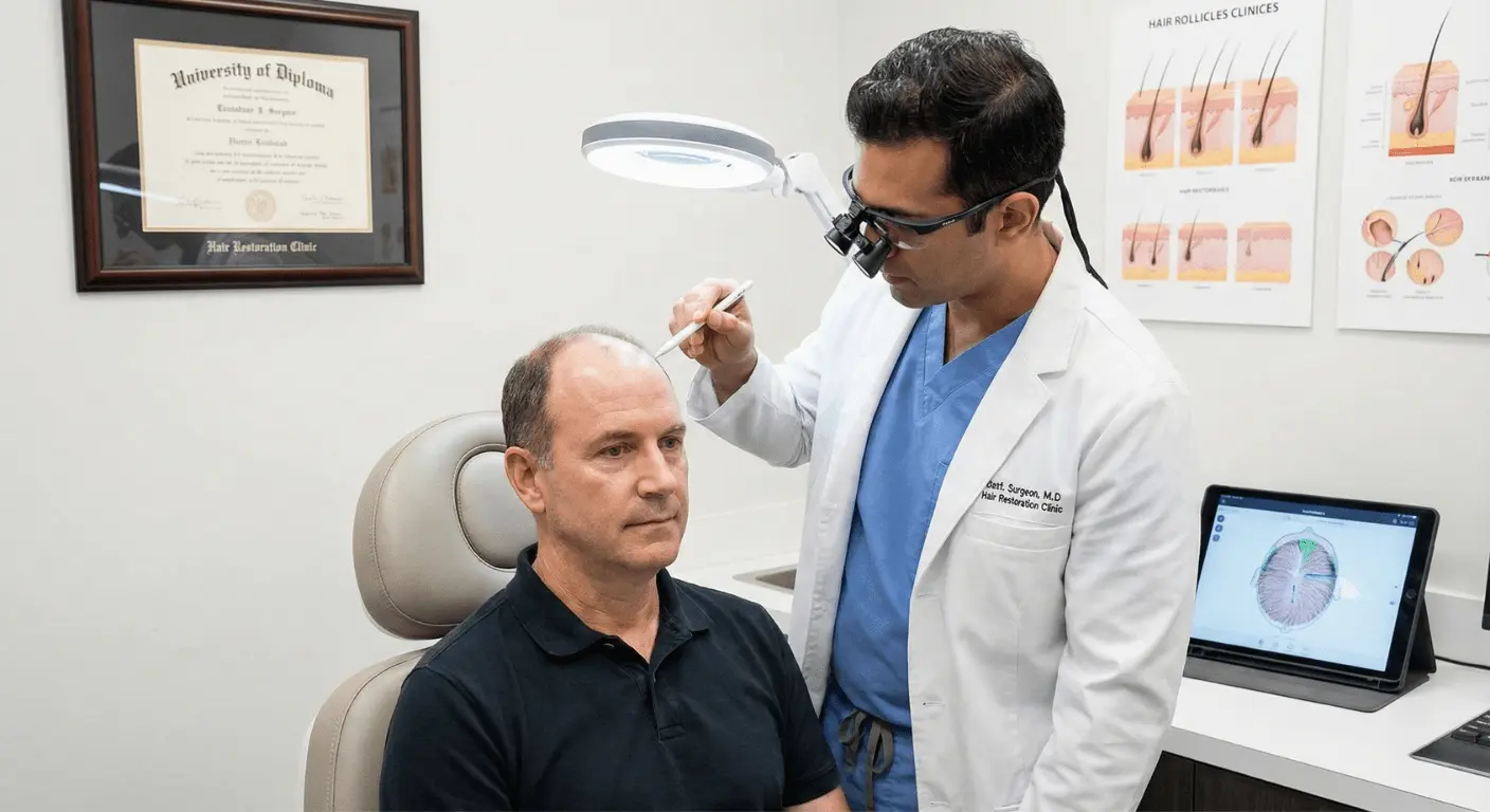 Un chirurgien spécialiste en greffe de cheveux examine minutieusement le cuir chevelu d'un patient à l'aide d'une loupe éclairante lors d'une consultation dans le cabinet de Renaissance Clinique. Des diagrammes anatomiques du follicule pileux et un diplôme sont accrochés au mur.