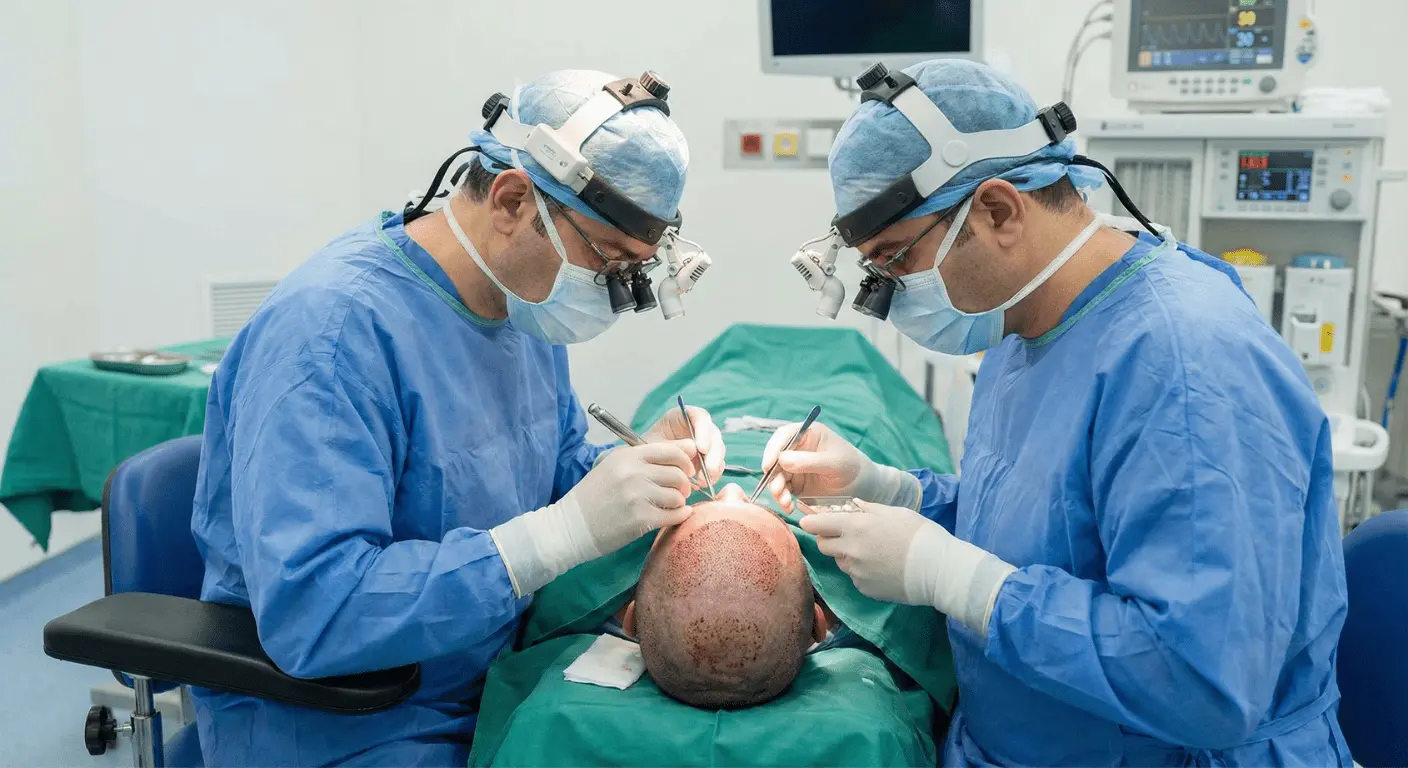Deux chirurgiens en tenue stérile complète, équipés de masques et de loupes binoculaires frontales, effectuent avec précision une intervention de greffe de cheveux sur le cuir chevelu rasé d'un patient allongé dans un bloc opératoire moderne.