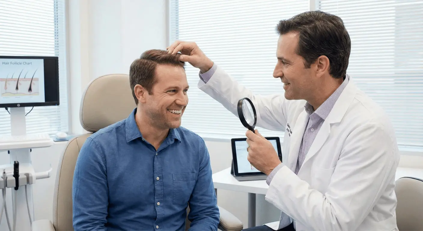 Un médecin en blouse blanche examine le cuir chevelu d'un patient souriant à l'aide d'une loupe lors d'une consultation de contrôle dans un cabinet médical moderne, avec un écran affichant un schéma de follicule pileux en arrière-plan.