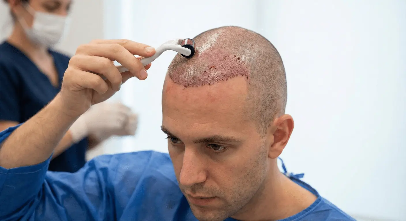 Un patient de sexe masculin utilise délicatement un dermaroller sur la zone receveuse de son cuir chevelu récemment greffé, dans le cadre des soins post-opératoires chez Renaissance Clinique.