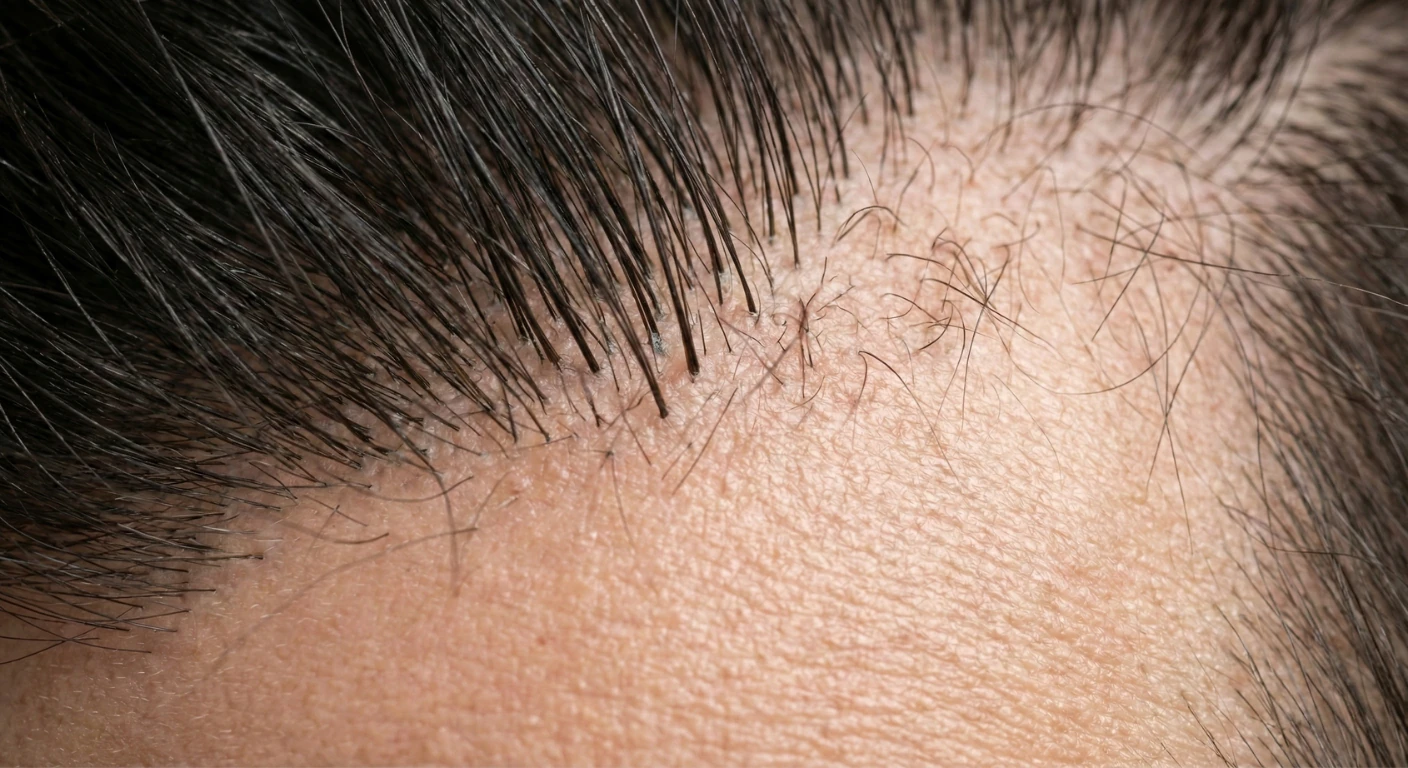 Gros plan du cuir chevelu masculin montrant la différence de densité capillaire et la repousse de nouveaux cheveux après un traitement contre la calvitie chez Renaissance Clinique.