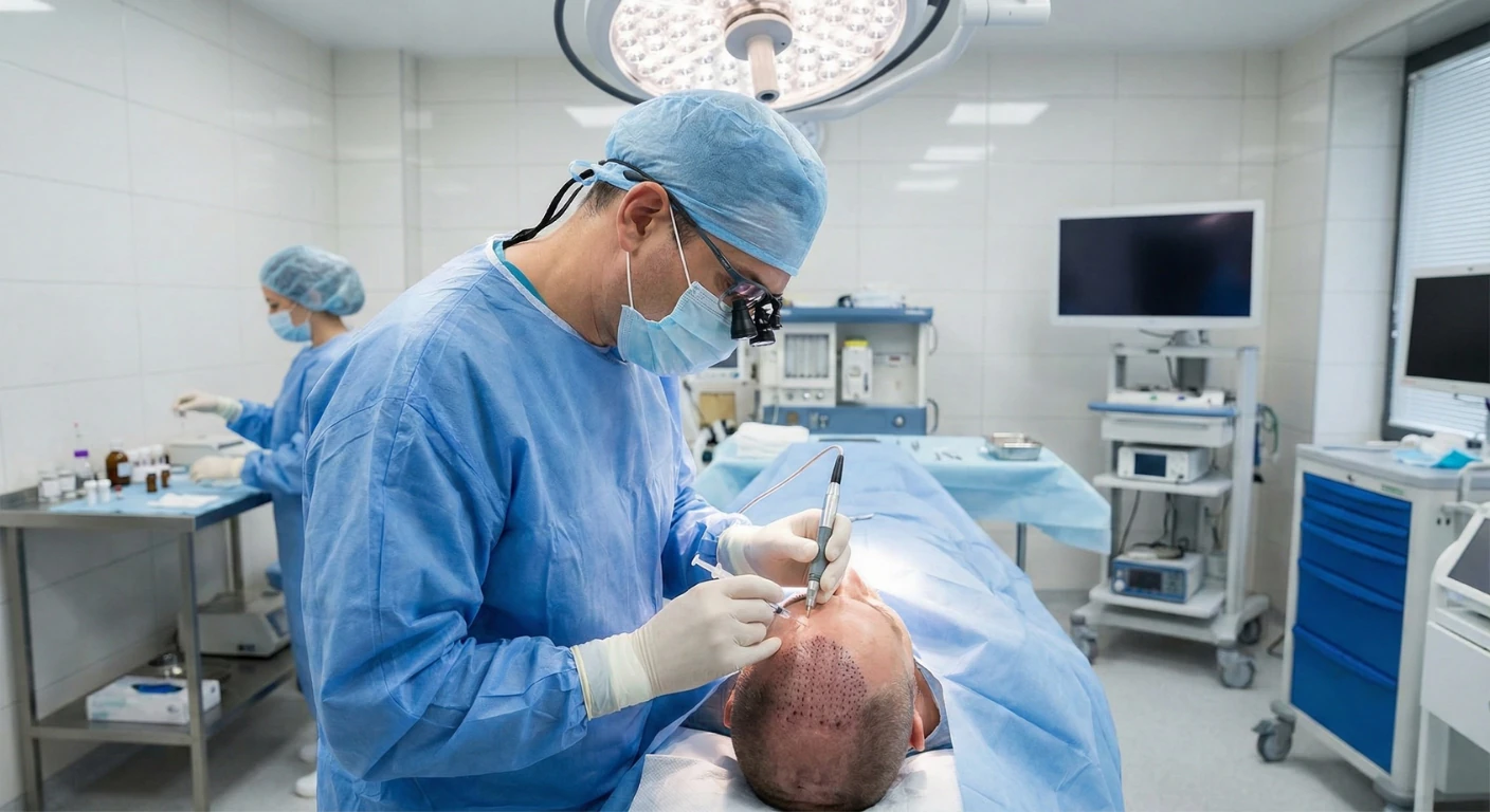 Chirurgien spécialisé réalisant une procédure de greffe capillaire FUE (Extraction d'Unités Folliculaires) sur un patient dans une salle d'opération stérile et moderne chez Renaissance Clinique.
