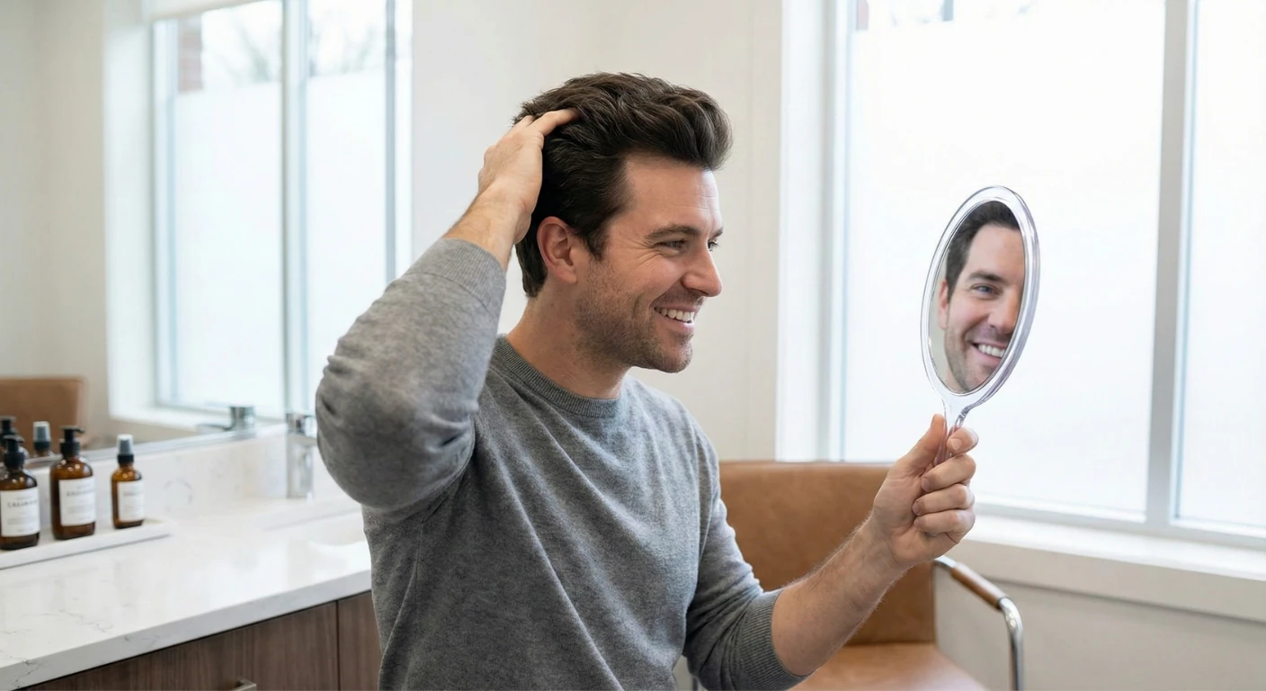 Homme souriant et satisfait, examinant la densité de ses cheveux dans un miroir à main dans une salle de consultation lumineuse de Renaissance Clinique après un traitement capillaire réussi.