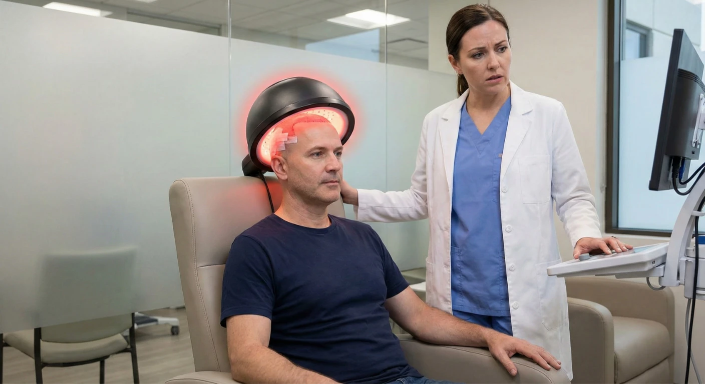 Patient masculin recevant une thérapie laser de faible intensité (LLLT) sur le cuir chevelu après une greffe de cheveux chez Renaissance Clinique, sous la supervision d'une professionnelle de santé.