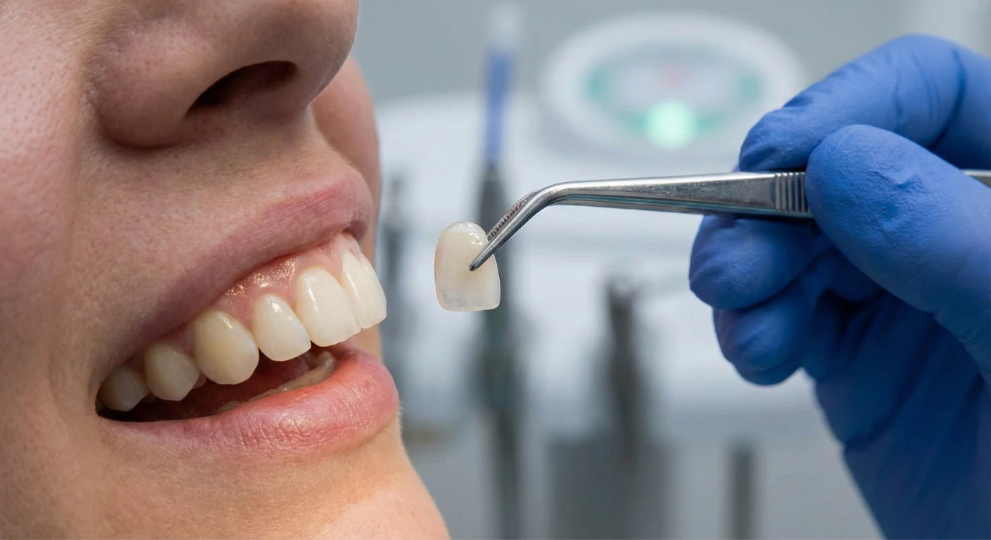 Gros plan sur la main gantée de bleu d'un dentiste tenant une facette dentaire en céramique avec une pince, la positionnant devant le sourire d'une patiente lors d'une consultation esthétique chez Renaissance Clinique.