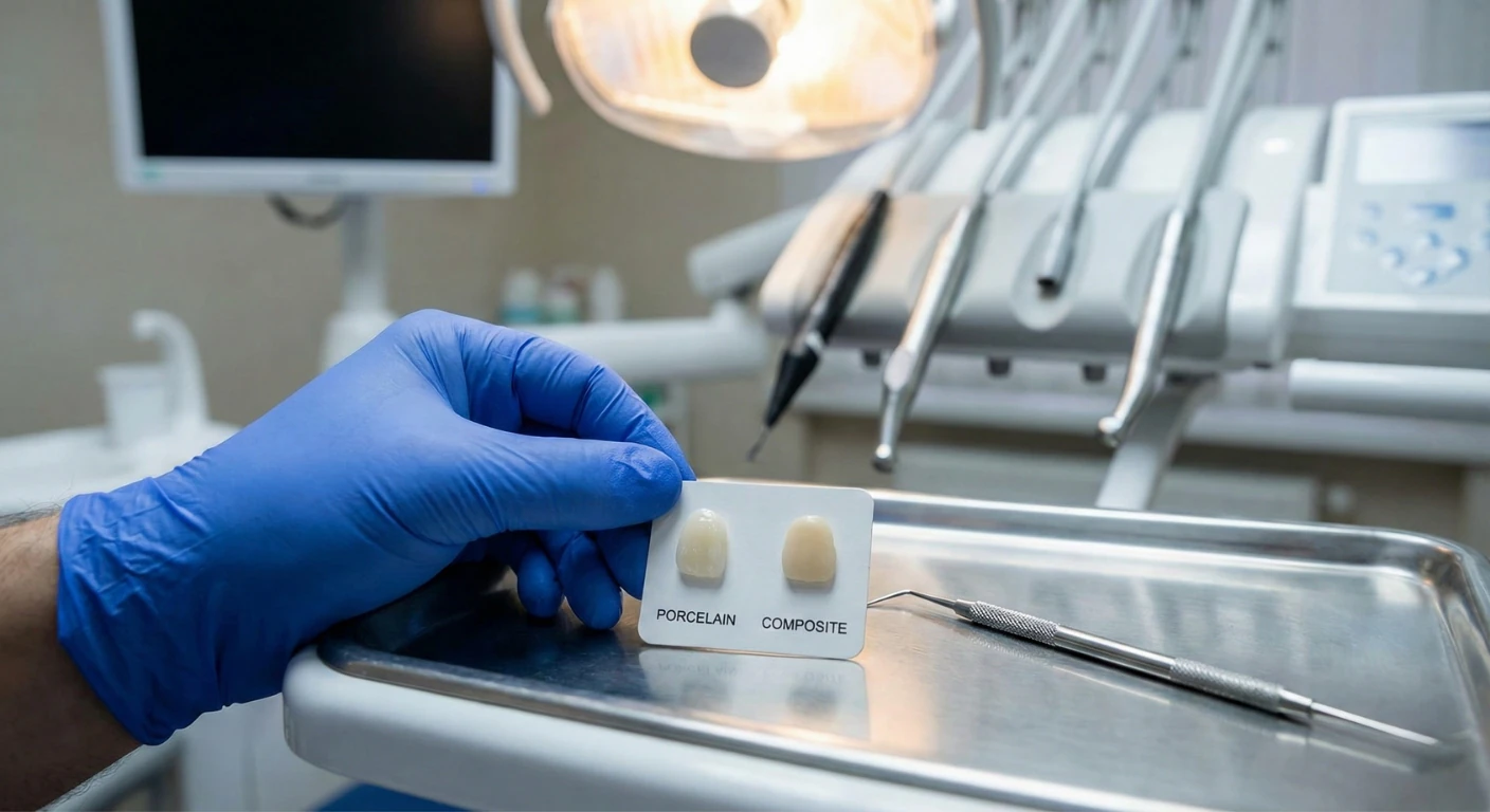 Gros plan dans un cabinet dentaire de Renaissance Clinique, montrant une main gantée de bleu tenant un nuancier comparatif avec deux échantillons de facettes dentaires, l'un étiqueté "PORCELAIN" (porcelaine) et l'autre "COMPOSITE".