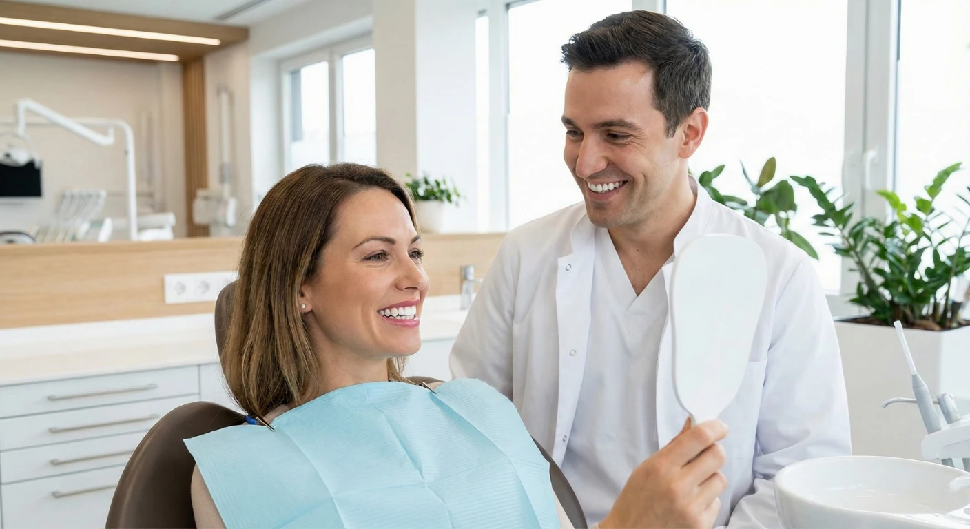 Une patiente souriante, assise dans un fauteuil dentaire, découvre son nouveau sourire dans un miroir à main, tandis que son dentiste en blouse blanche sourit à ses côtés dans une salle de soins moderne de la Renaissance Clinique.