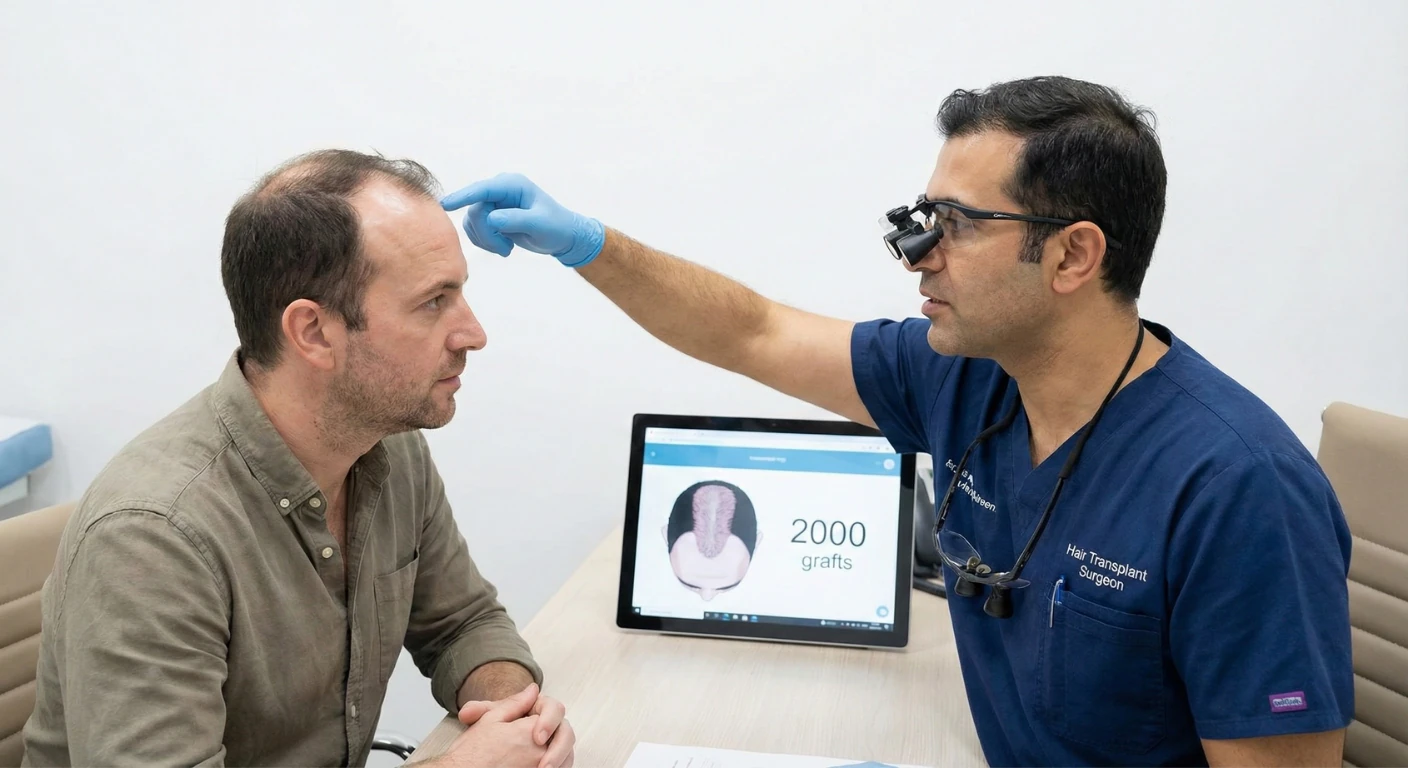 Chirurgien spécialiste de la Renaissance Clinique examinant la ligne frontale d'un patient masculin lors d'une consultation capillaire. Le médecin porte des loupes binoculaires et pointe la zone à traiter, tandis qu'une tablette sur le bureau affiche un schéma de cuir chevelu avec la mention "2000 grafts" (2000 greffons).
