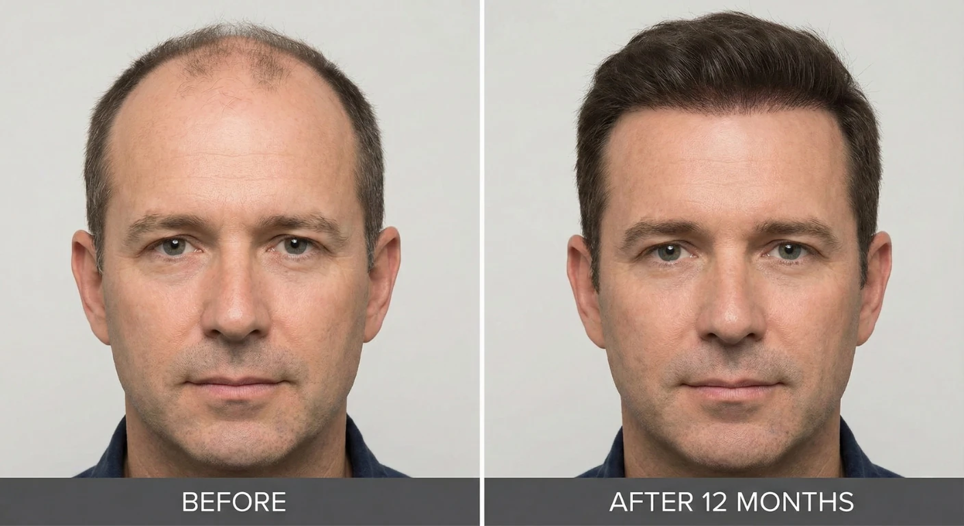 Comparaison visuelle avant et après 12 mois montrant les résultats spectaculaires d'une greffe de cheveux chez un patient masculin de la Renaissance Clinique. L'image de gauche montre une calvitie avancée, tandis que l'image de droite révèle une ligne frontale restaurée et une densité capillaire naturelle.