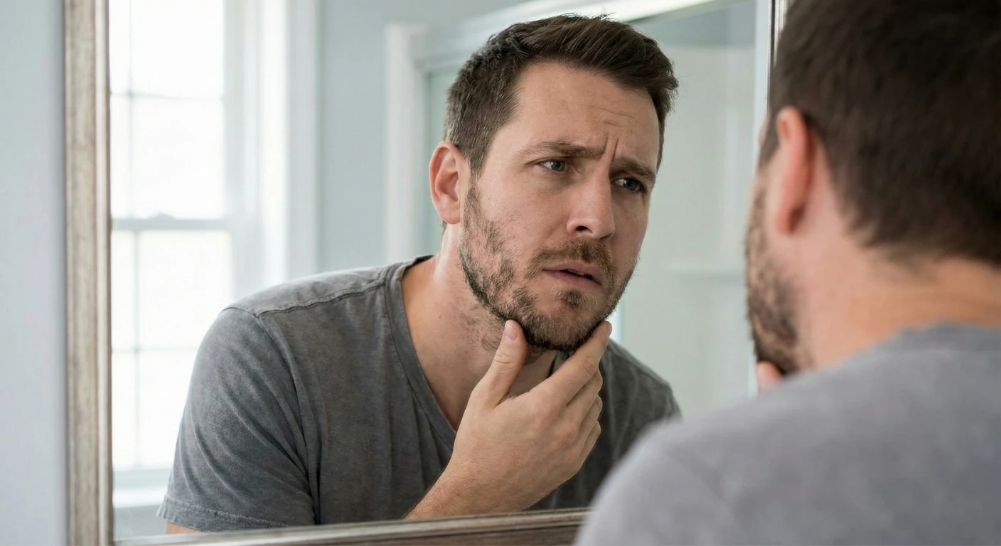 Un homme avec une expression d'inquiétude regarde son reflet dans le miroir de la salle de bain, touchant sa barbe irrégulière et clairsemée. </p><p>Image illustrant les complexes liés à la densité de la barbe avant une éventuelle intervention chez Renaissance Clinique.
