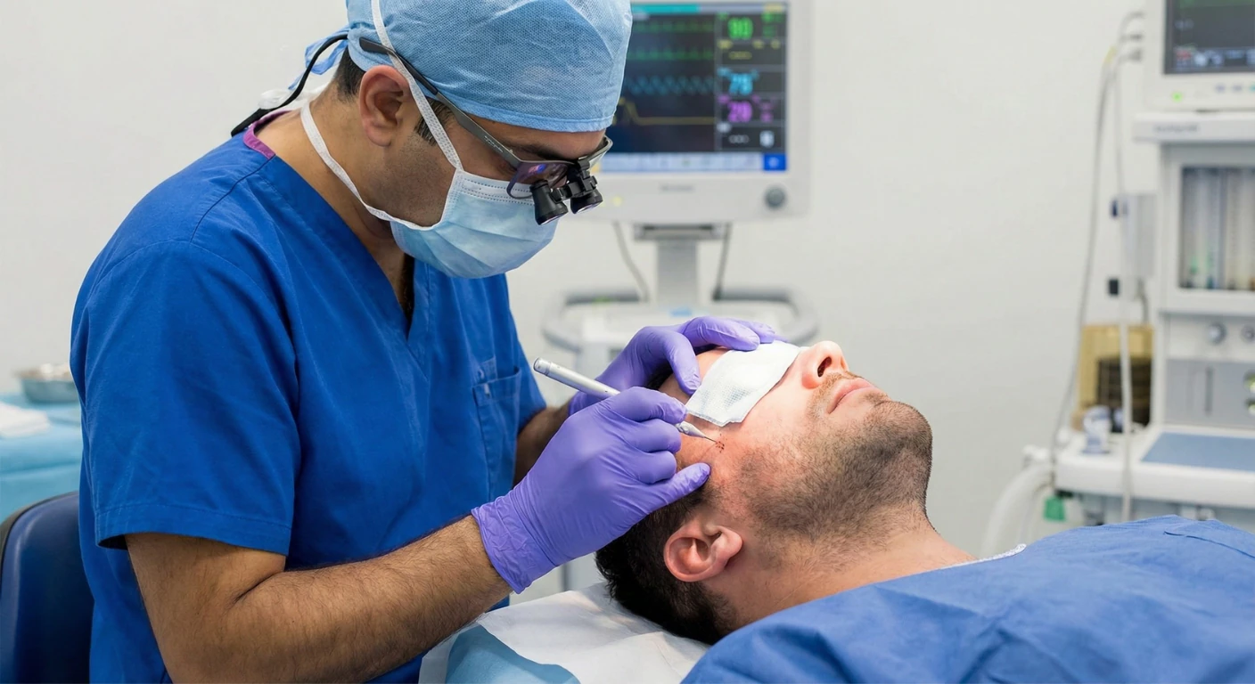 Chirurgien esthétique équipé de loupes binoculaires effectuant une injection de précision sur le visage d'un patient masculin, dans une salle d'intervention stérile avec équipement de surveillance, à la Renaissance Clinique.