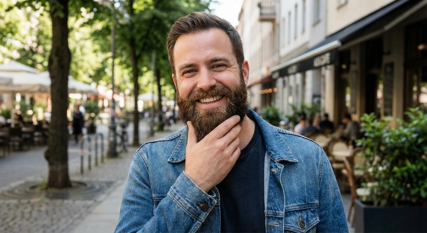 Portrait extérieur d'un homme trentenaire souriant et confiant, touchant sa barbe dense et naturelle. </p><p></p><p>L'image illustre le résultat esthétique réussi d'une greffe de barbe réalisée par Renaissance Clinique dans un cadre urbain ensoleillé.