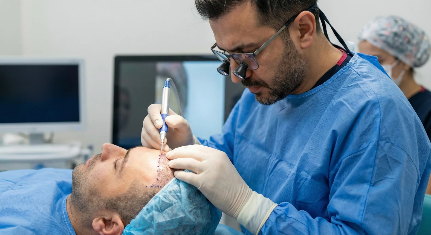 Chirurgien spécialiste de Renaissance Clinique effectuant une procédure de greffe de cheveux FUE/DHI sur le cuir chevelu d'un patient masculin dans un environnement médical stérile.