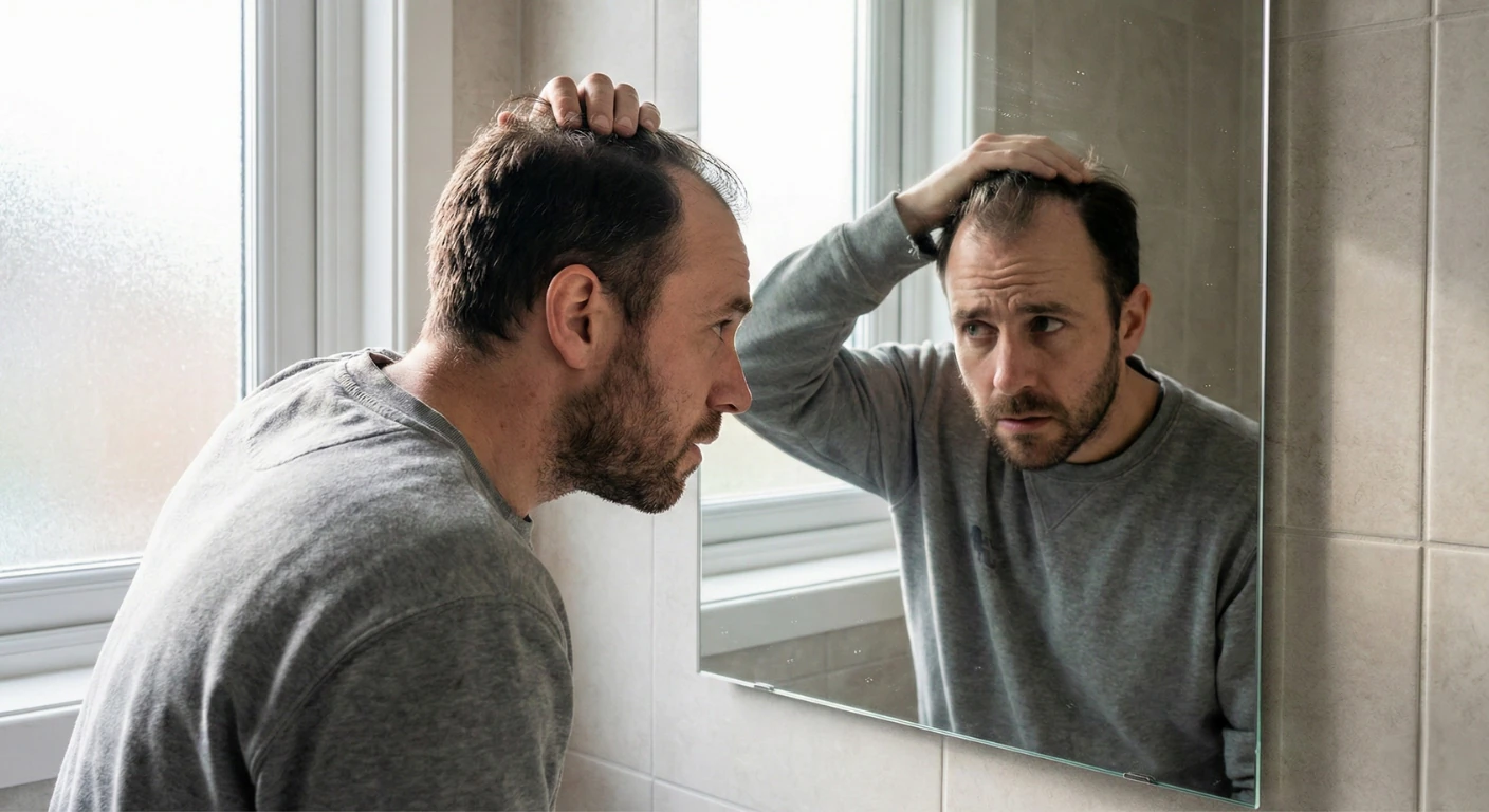 Un homme d'âge moyen, l'air inquiet, examine son cuir chevelu et le recul de sa ligne frontale dans le miroir de la salle de bain, illustrant les débuts de la calvitie masculine.