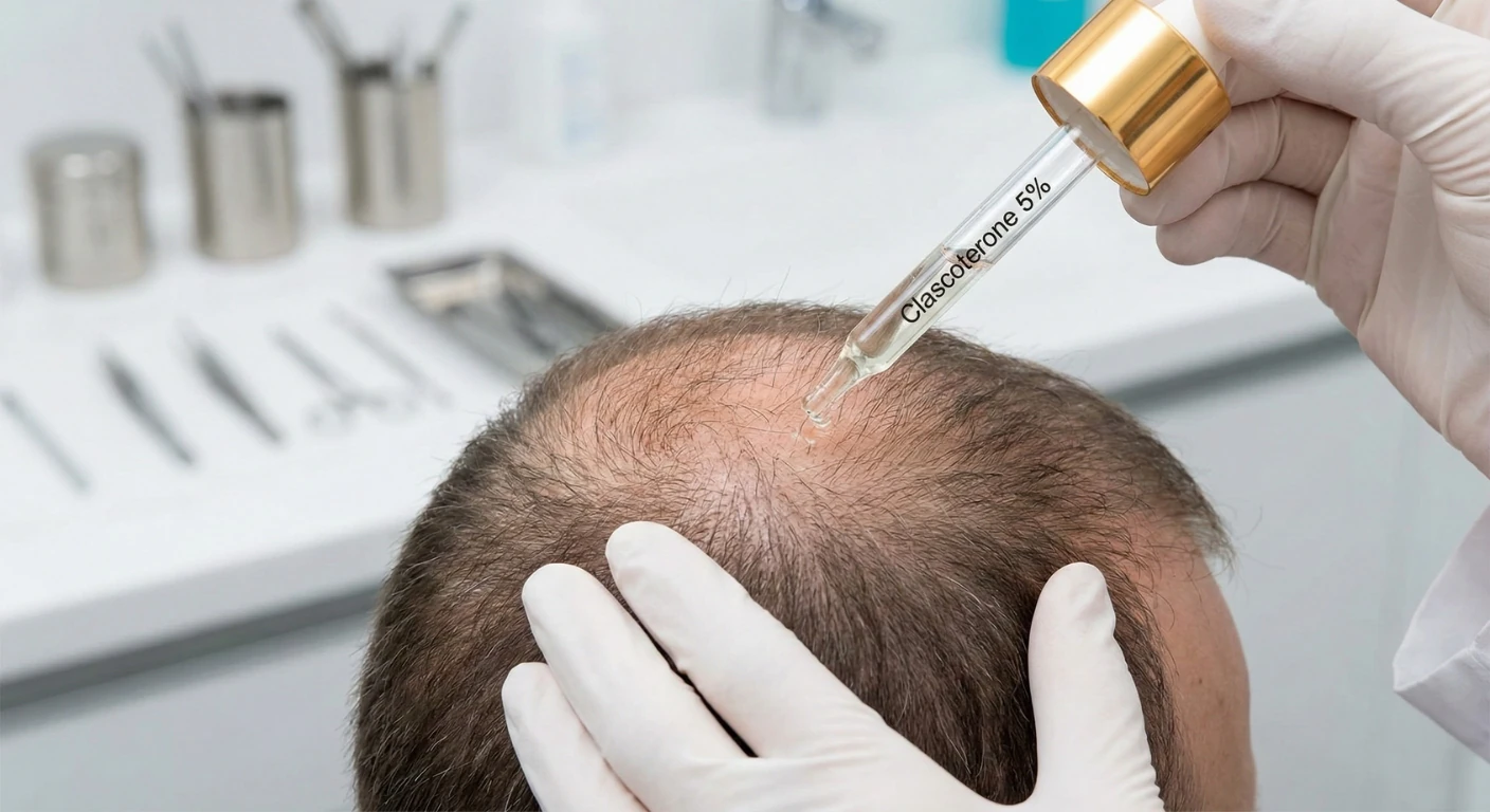 Gros plan sur une main gantée appliquant une solution topique de Clascoterone 5% à l'aide d'une pipette sur la zone clairsemée du cuir chevelu d'un patient masculin dans un environnement clinique.