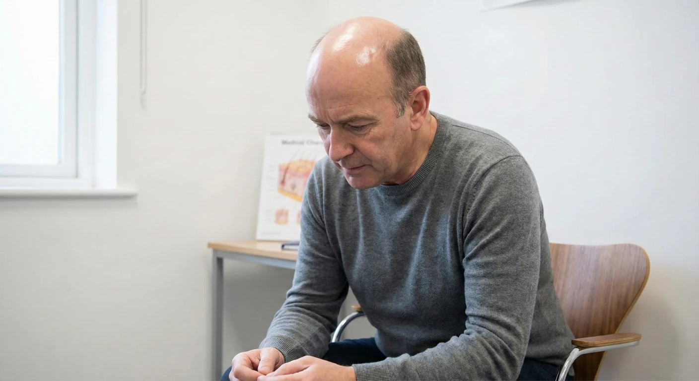 Un homme d'âge moyen présentant une calvitie avancée est assis pensivement dans une salle de consultation médicale, avec une charte anatomique en arrière-plan.