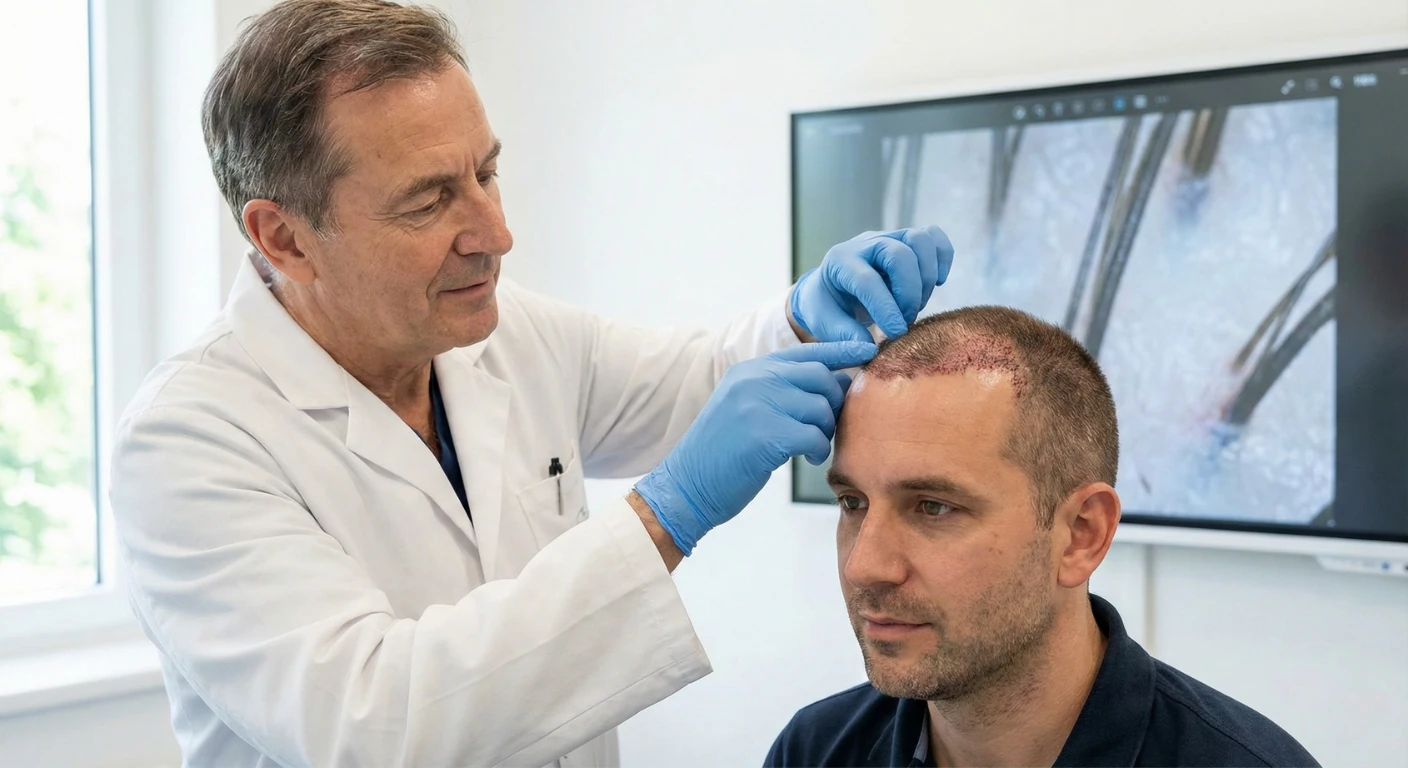 Un médecin spécialiste de Renaissance Clinique, portant des gants bleus, examine minutieusement la ligne frontale et les greffons en cours de cicatrisation sur le cuir chevelu d'un patient masculin lors d'une consultation de suivi post-greffe de cheveux. Un écran de trichoscopie est visible en arrière-plan.