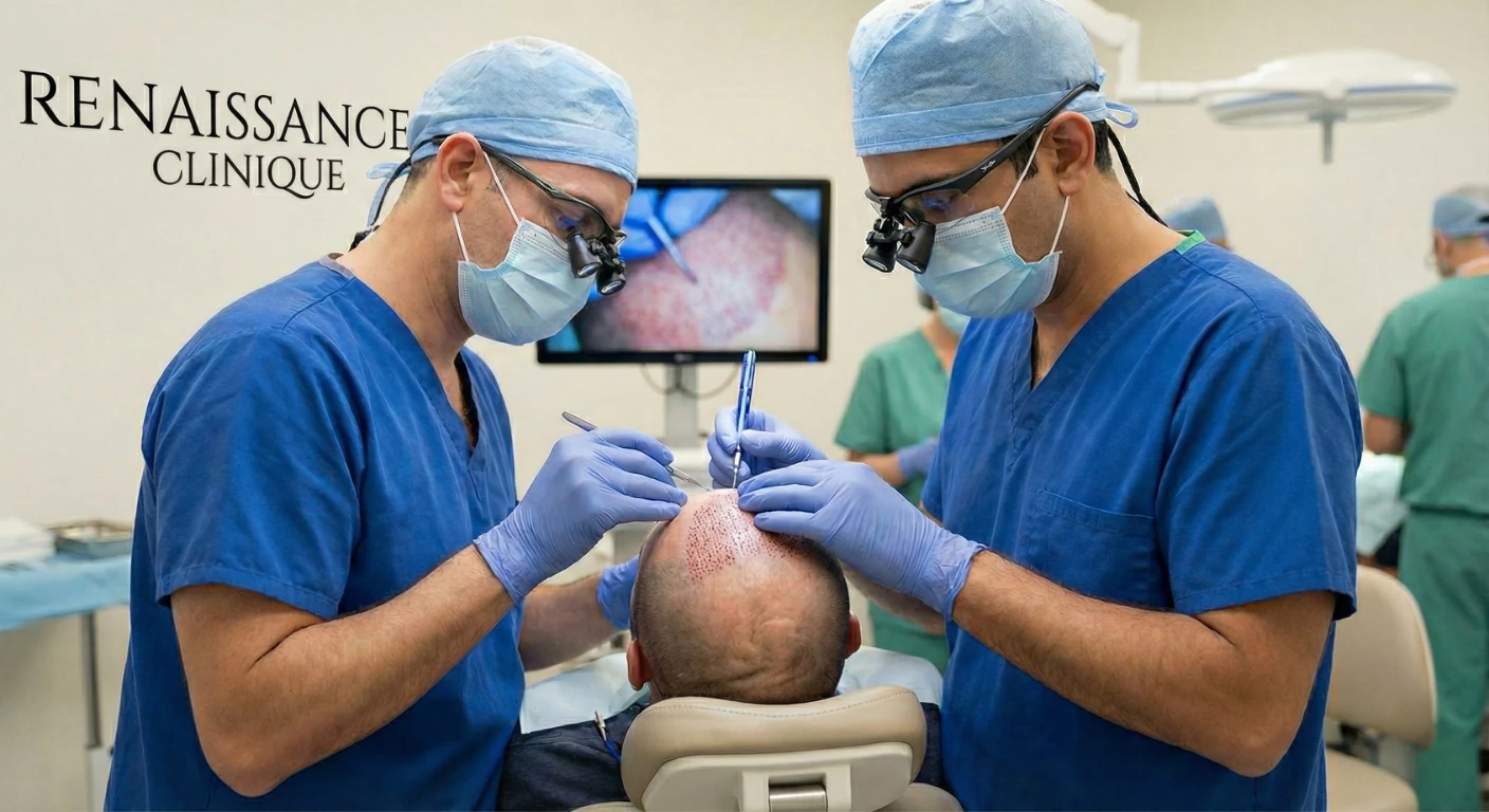 Chirurgien capillaire réalisant une greffe de cheveux avec la technique FUE Saphir de haute précision à la Renaissance Clinique.
