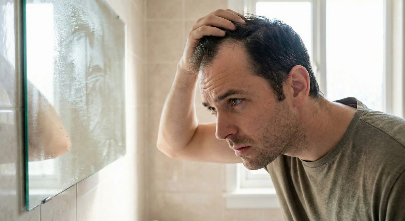 Homme d'une trentaine d'années regardant avec inquiétude sa ligne frontale dégarnie et sa perte de cheveux dans le miroir de la salle de bain.