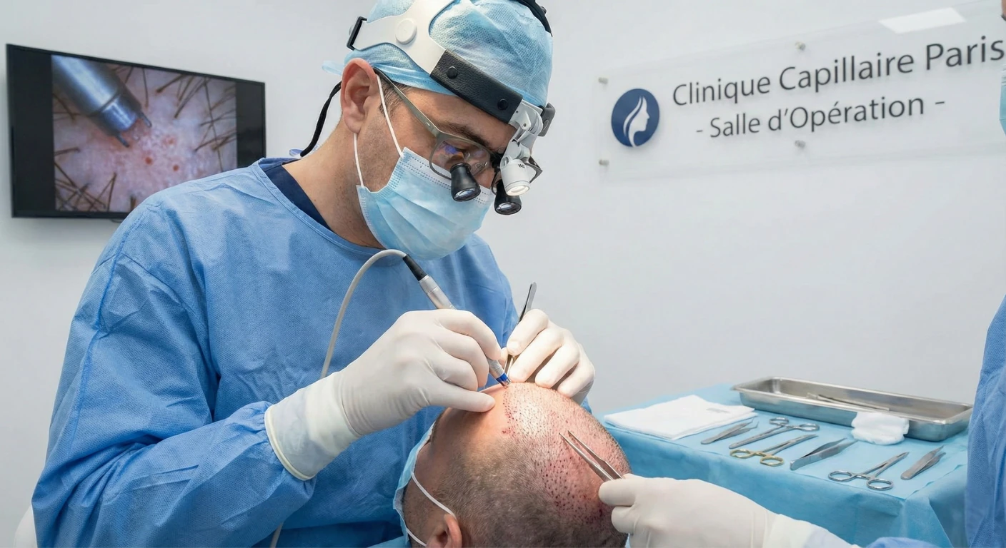 Chirurgien capillaire équipé de loupes grossissantes réalisant la phase d'implantation des greffons sur le cuir chevelu d'un patient, dans un bloc opératoire stérile de la Renaissance Clinique.