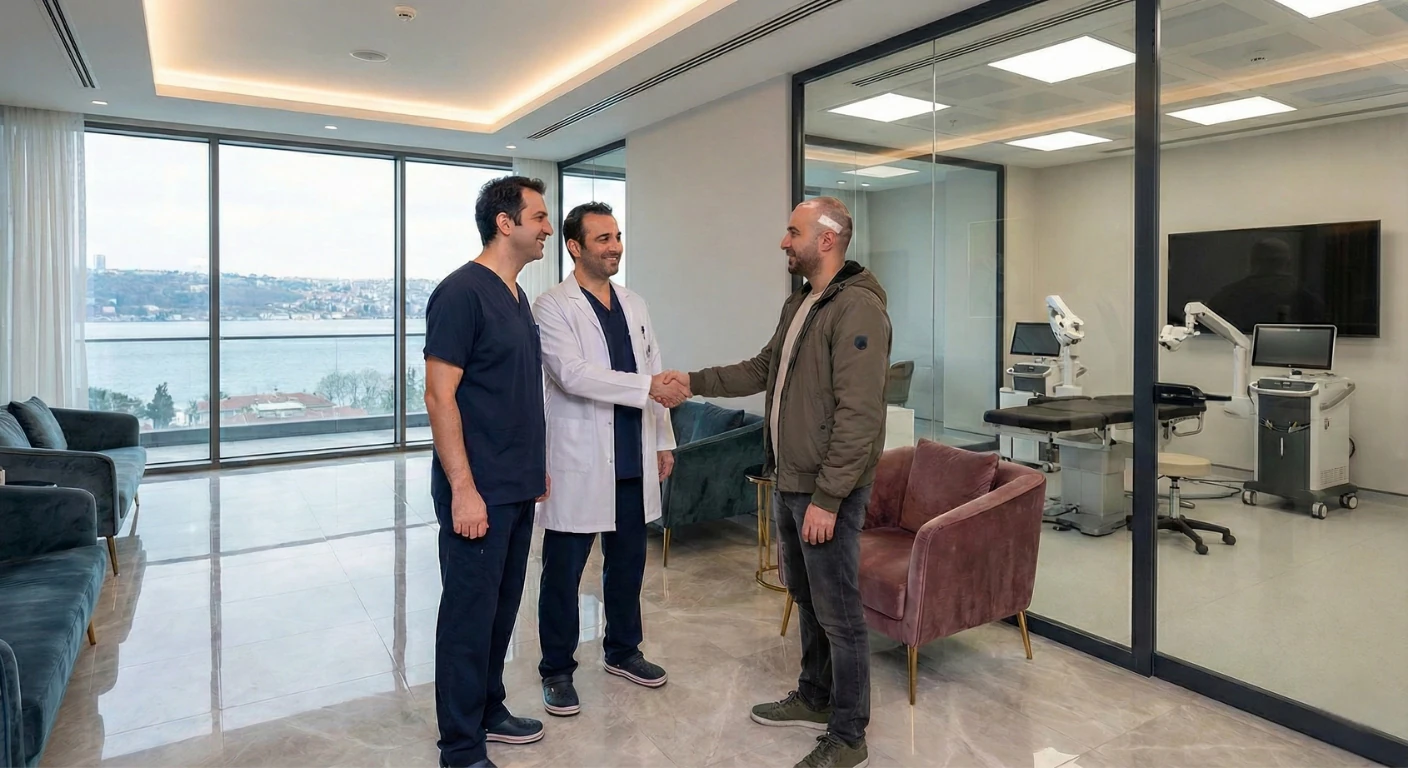 Un médecin et un patient se serrent la main dans le hall de la Renaissance Clinique, avec un autre médecin et une salle de traitement moderne visible en arrière-plan.