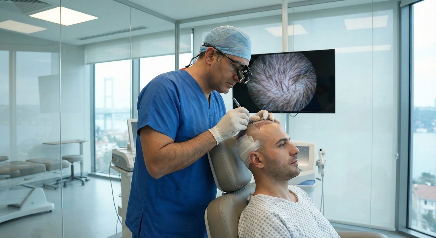 Médecin réalisant une greffe de cheveux FUE sur un patient à la Renaissance Clinique à Istanbul.