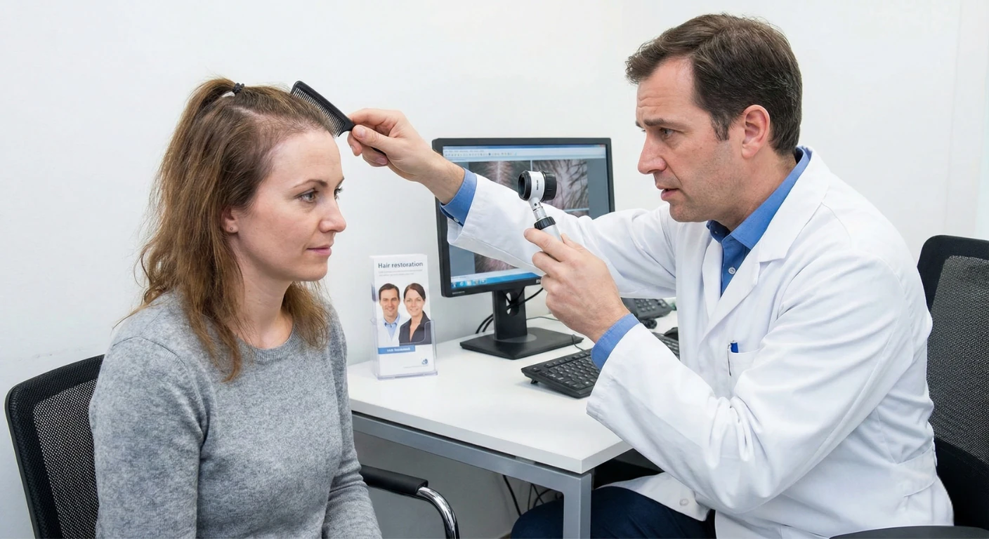 Un médecin spécialiste examine le cuir chevelu d'une femme lors d'une consultation sur la perte de cheveux à la Renaissance Clinique.