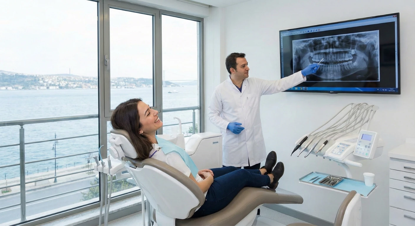 Un dentiste de la Renaissance Clinique explique une radiographie panoramique dentaire sur un grand écran à une patiente souriante, assise dans un fauteuil dentaire. Le cabinet moderne dispose d'une grande baie vitrée offrant une vue panoramique sur le Bosphore à Istanbul.
