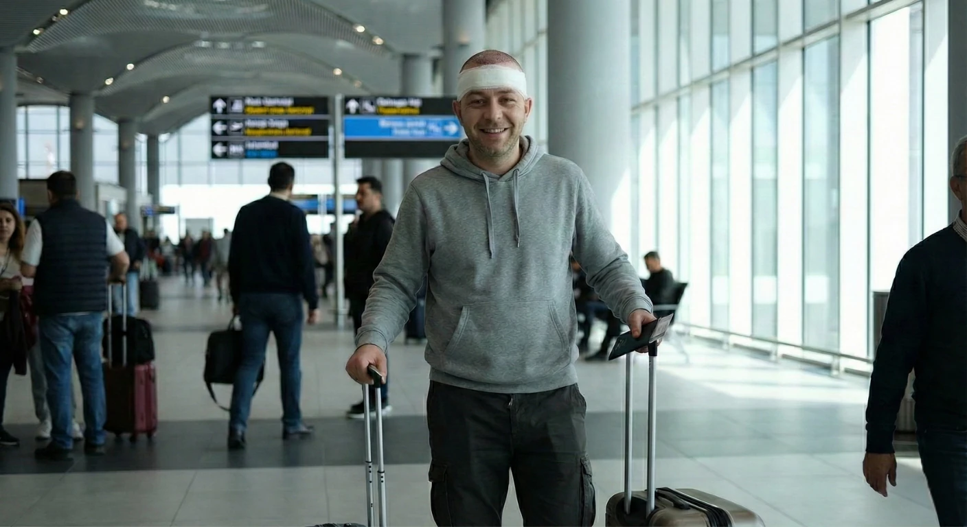 Un patient de Renaissance Clinique souriant à l'aéroport d'Istanbul avec un bandeau post-opératoire, tenant ses bagages et prêt à rentrer chez lui après une greffe de cheveux réussie.
