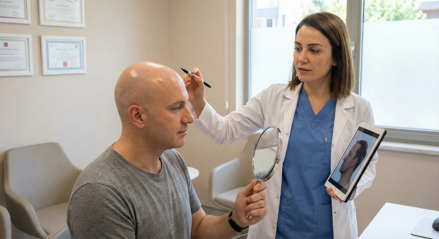 Une chirurgienne spécialiste de Renaissance Clinique trace la future ligne frontale sur le cuir chevelu d'un patient masculin chauve, qui observe le processus dans un miroir tout en regardant une simulation sur tablette lors d'une consultation préopératoire.