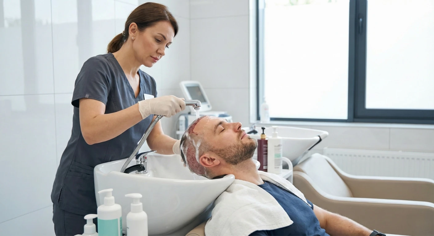 Une spécialiste capillaire de Renaissance Clinique effectue délicatement le premier shampoing post-opératoire sur le cuir chevelu d'un patient récemment greffé, allongé confortablement dans un fauteuil de soin médical.