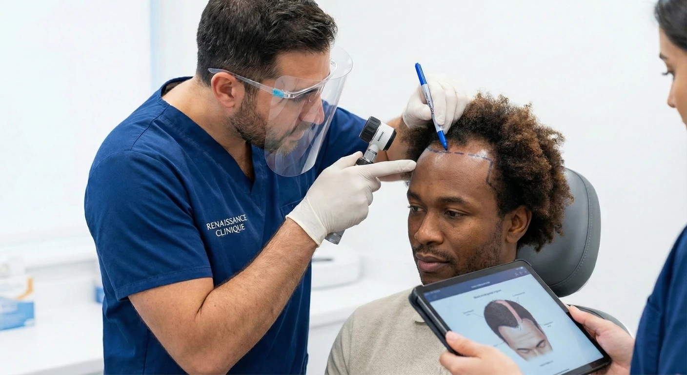 Un chirurgien expert portant une blouse brodée "Renaissance Clinique" examine la ligne frontale d'un patient africain lors d'une consultation pour une greffe de cheveux sur cheveux crépus (afro).