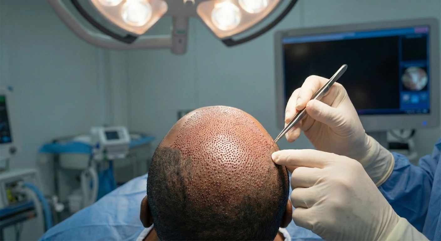 Vue rapprochée des mains gantées d'un chirurgien expert de Renaissance Clinique utilisant une pince de précision pour insérer délicatement un follicule dans le cuir chevelu d'un patient lors d'une procédure de greffe de cheveux sur cheveux crépus (afro).