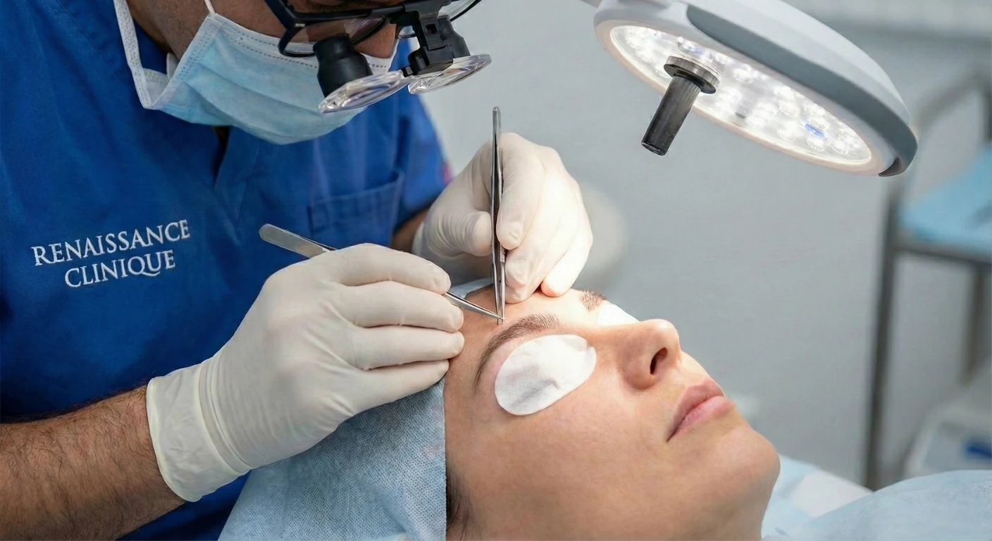 Une patiente examine attentivement le design de ses sourcils dans un miroir lors d'une consultation esthétique avec un médecin expert de Renaissance Clinique, portant une blouse médicale de marque.